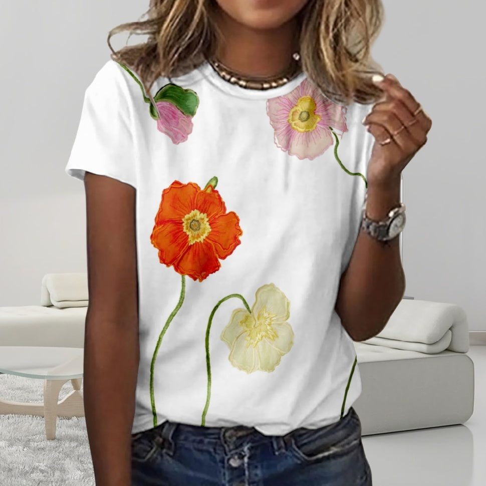 Flower 3D Digital Printing Casual Trend Short Sleeve Women's T-shirt - Chic Angle